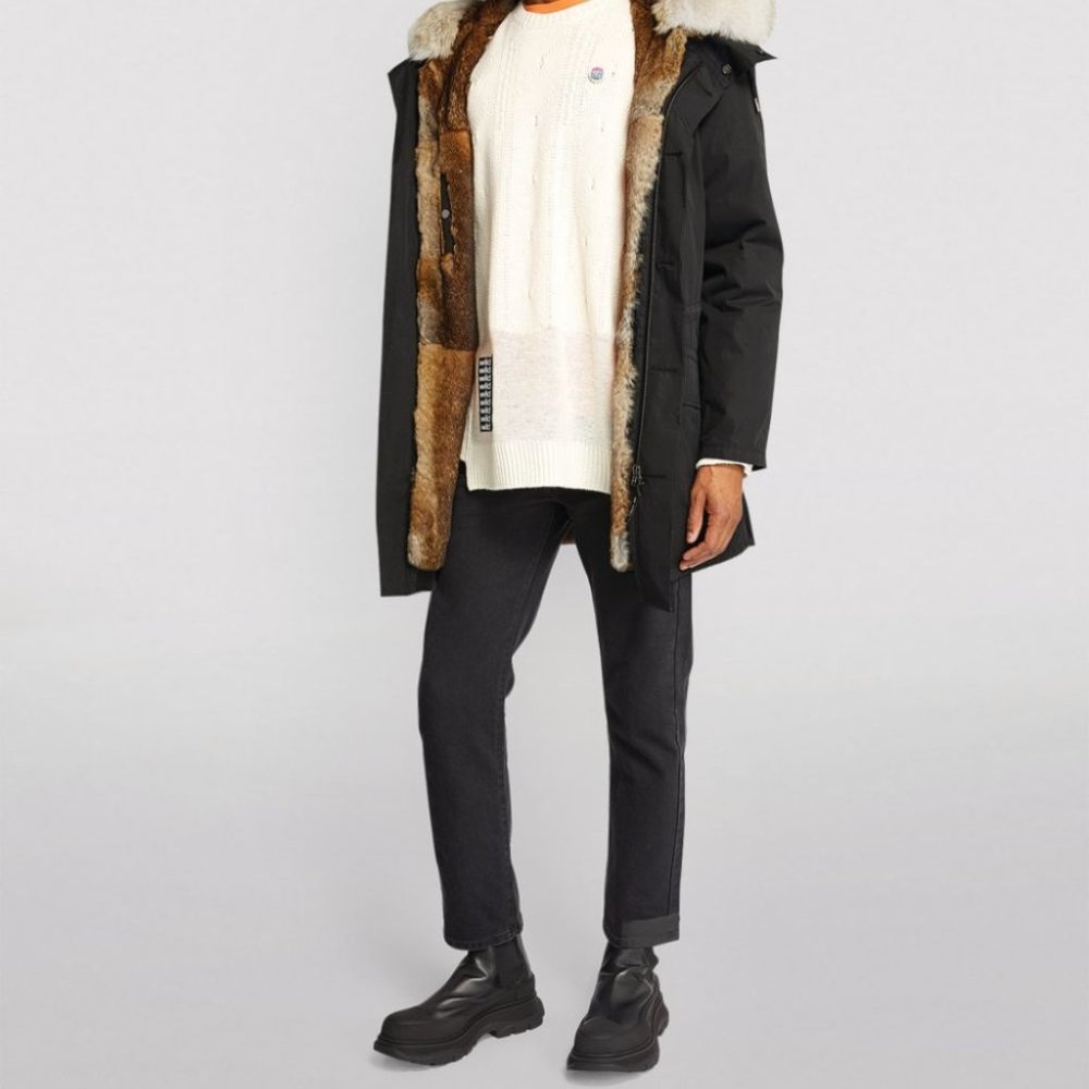 New TIENFOOK Men's Brown Parka Jacket Winter Coat Thicken Fur lined w Hood